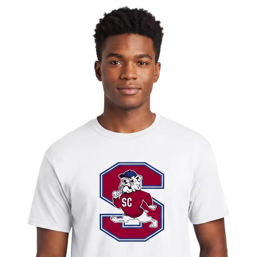 White SC State T-shirt with Bulldog and block S graphic
