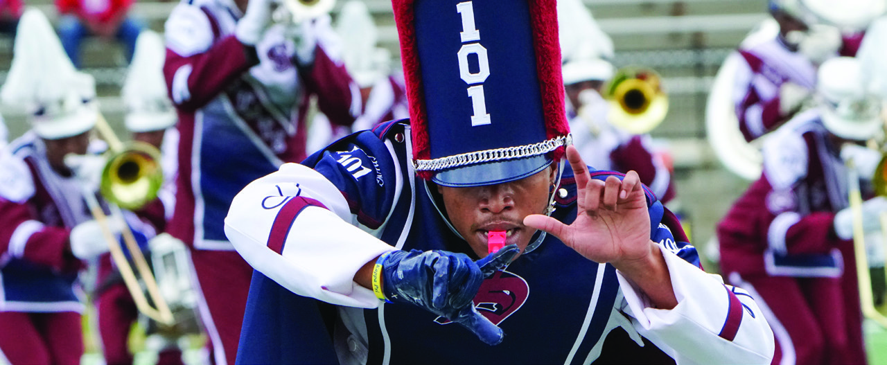 SC State Marching 101 drum major performing during Homecoming